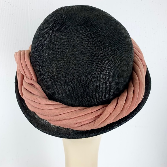 1940-50s Easter Hat New York Creations Navy Blue Straw Pink Satin Twist Trim main image 6